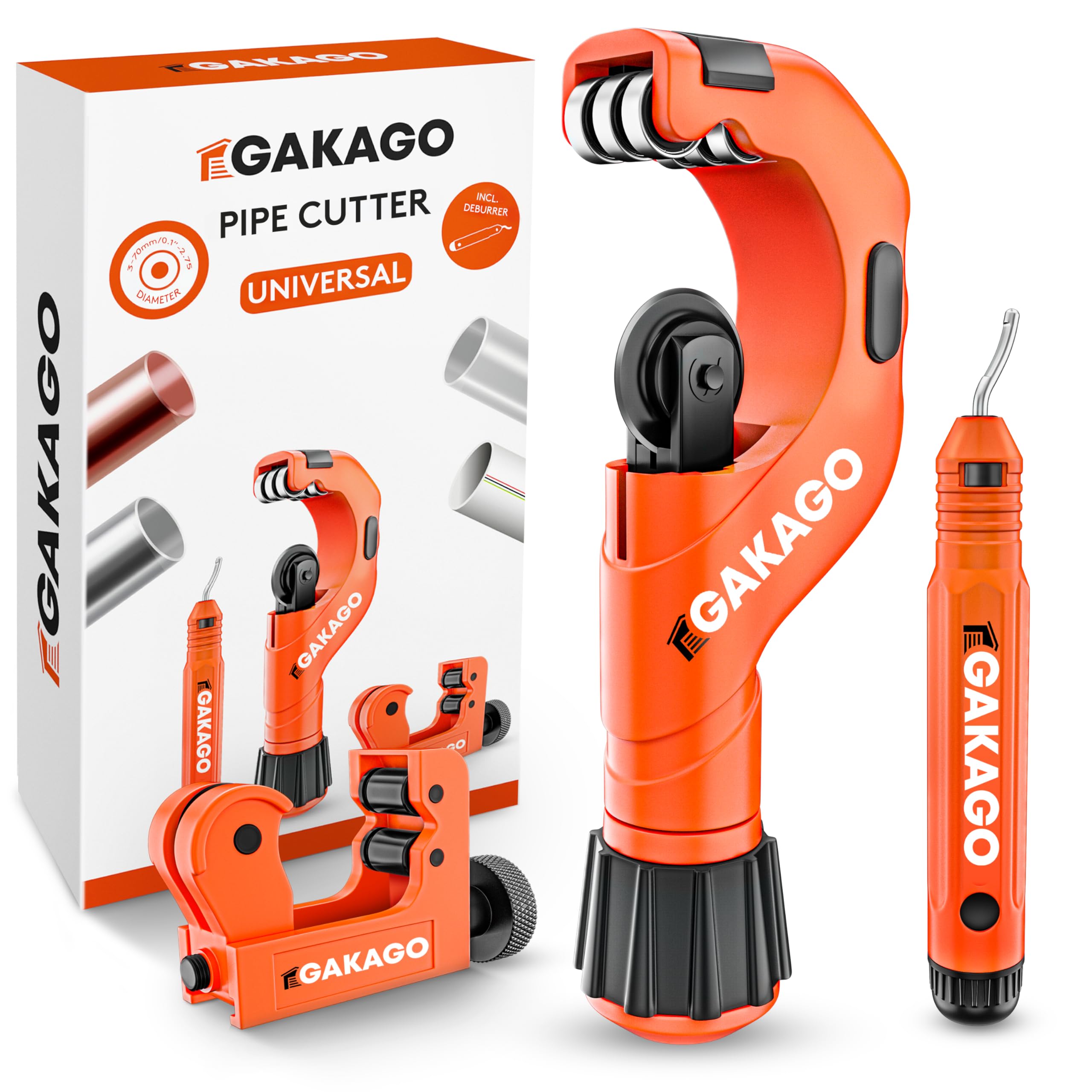Gakago Pipe Cutter Set 3-70mm / 0.1-2.75" with deburrer - Versatile Pipe Cutter for All Common Metals Such as Stainless Steel, Copper, Aluminium, Steel or Plastic (e.g. PVC & PE)