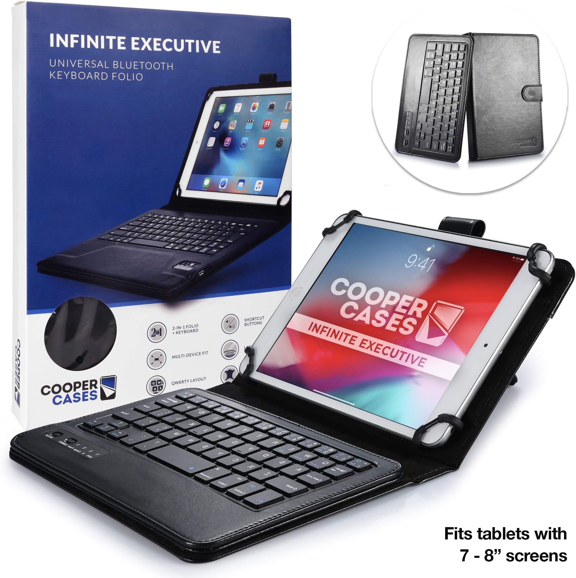 Cooper Infinite Executive Keyboard Case for Samsung Galaxy Tab 4 8.0 | 2-in-1 Bluetooth Wireless Keyboard & Leather Folio Cover, Universal, 100HR Battery (Black)