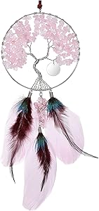 Top Plaza Rose Quartz Gemstones Reiki Healing Crystals Tree of Life Feather Hanging Ornament Home Wall Decoration for Good Luck Yoga Meditation Protection
