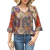 Rapbin 3/4 Length Sleeve Womens Tops Summer Lace Ruffles Sleeve T Shirts V-Neck Dressy Casual Trendy Tunic Blouses