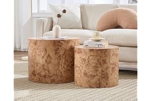 CIMOTA Round Wood Nesting Coffee Table Set of 2, Modern Circle Travertine End Side Table Sets for Living Room, Natural Burl Color/No Assembling