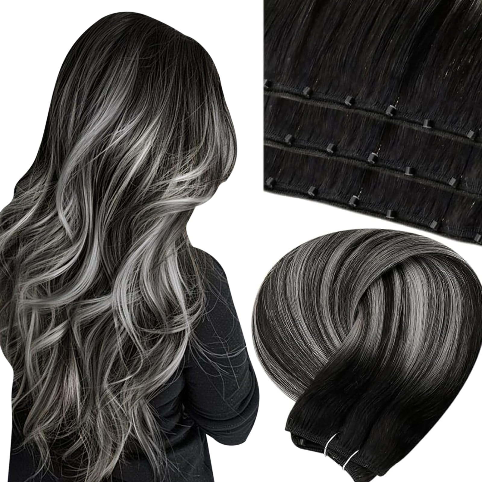 LaaVoo Beaded Weft Hair Extensions Human Hair Micro Bead Weft Hair Extensions Ombre Black to Silver 18inch 50g