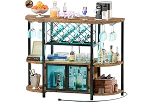 Unikito Freestanding Wine Bar Cabinet with LED Lights and Power Outlets, Industrial Coffee for Liquor Glasses, Mesh Door, Table Rack, Rustic Brown