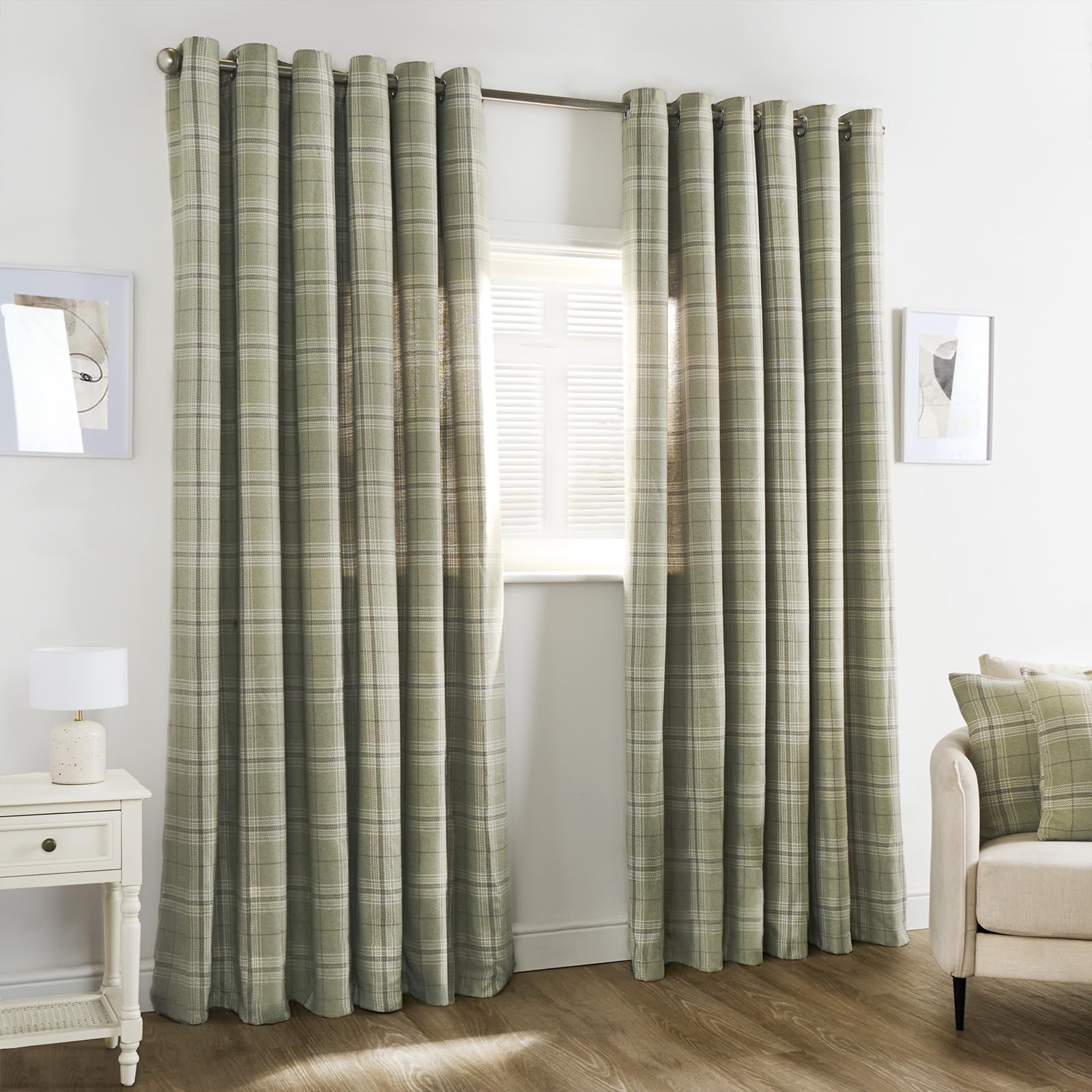 OHS Sage Green Curtains Eyelet for Bedroom Living Room, Soft Luxury Woven Check Blackout Thermal Curtains Modern Fully Lined Curtain for Window Treatment 2 Panel, 66" x 72"