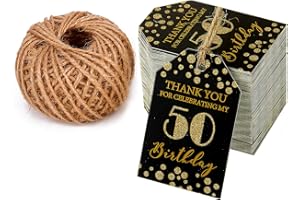 WRAPAHOLIC Gift Tags with String - 100PCS 50th Birthday Paper Tags with 100 Feet Natural Jute Twine for Birthday, Anniversary