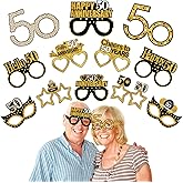 Zirtorei 24pcs 50th Anniversary Paper Eyeglasses Decorations, Black Gold Happy 50th Wedding Anniversary Theme Party Supplies, Cheers to 50 Years Anniversary Marriage Glasses Photo Booth Props Decor
