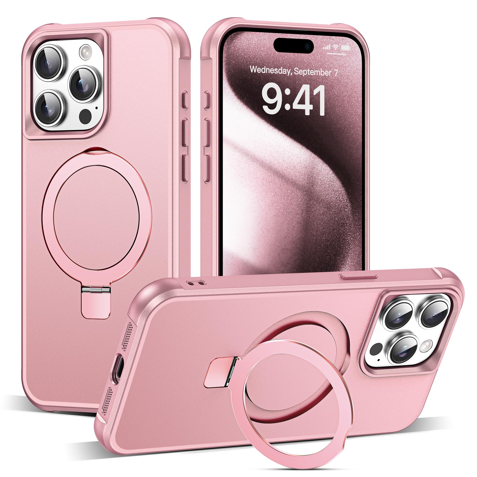 Photo 1 of **SIMILAR - PINK ** SKYLMW Compatible with iPhone 15 Pro Max Case with Invisible Magnetic O-Ring Stand Military-Grade Case for iPhone 15 ProMax 6.7" [Compatible with Mag-Safe][Great Grip Feeling], Rose Gold