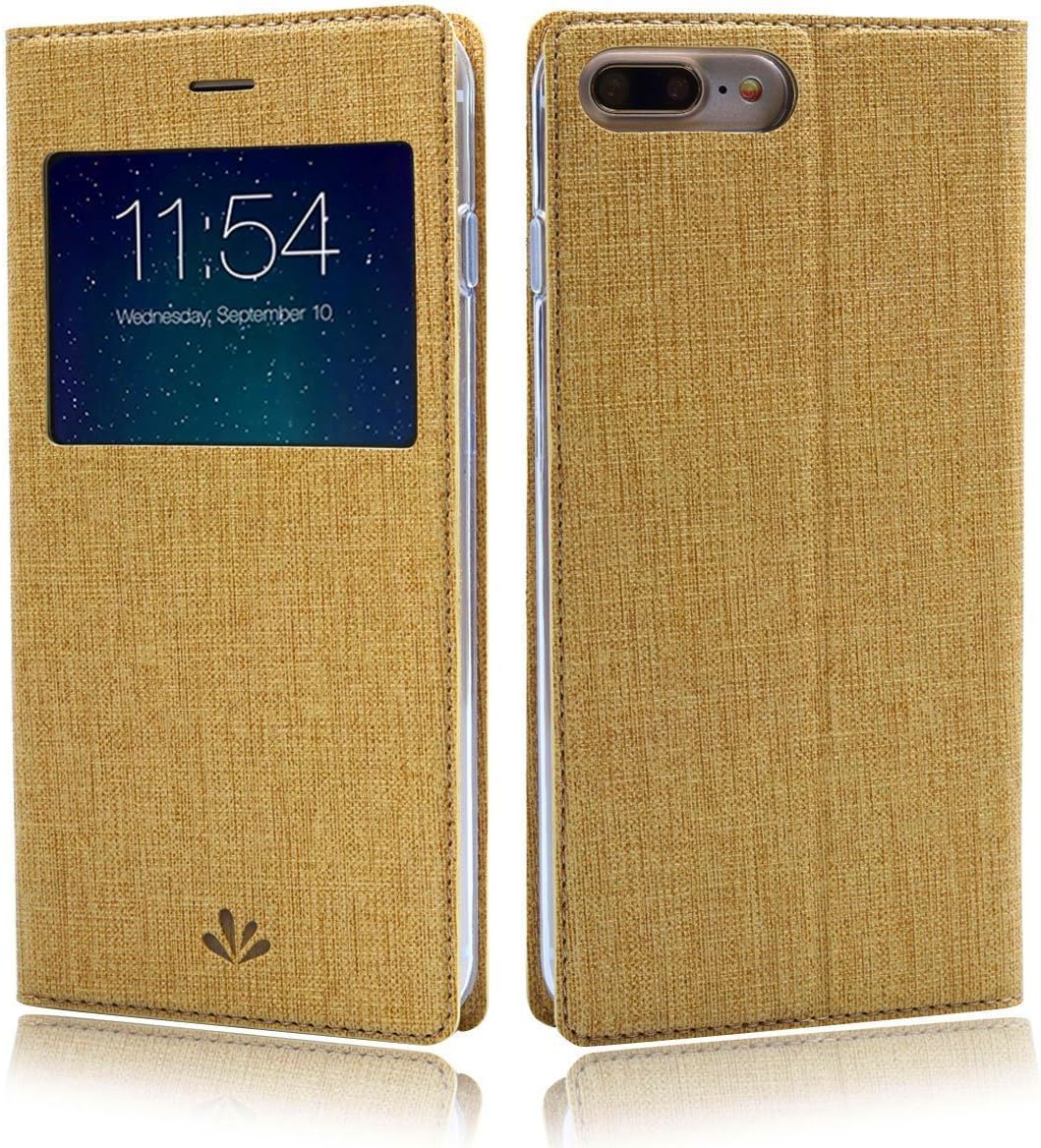 iPhone 8 Plus Case,HuiFlying Premium Leather PU Flip Protective Case Carry Card Slots [Magnetic Closure] [Kickstand] [View Window] Clear TPU Wallet Case Cover for Apple iPhone 8 Plus (Gold)