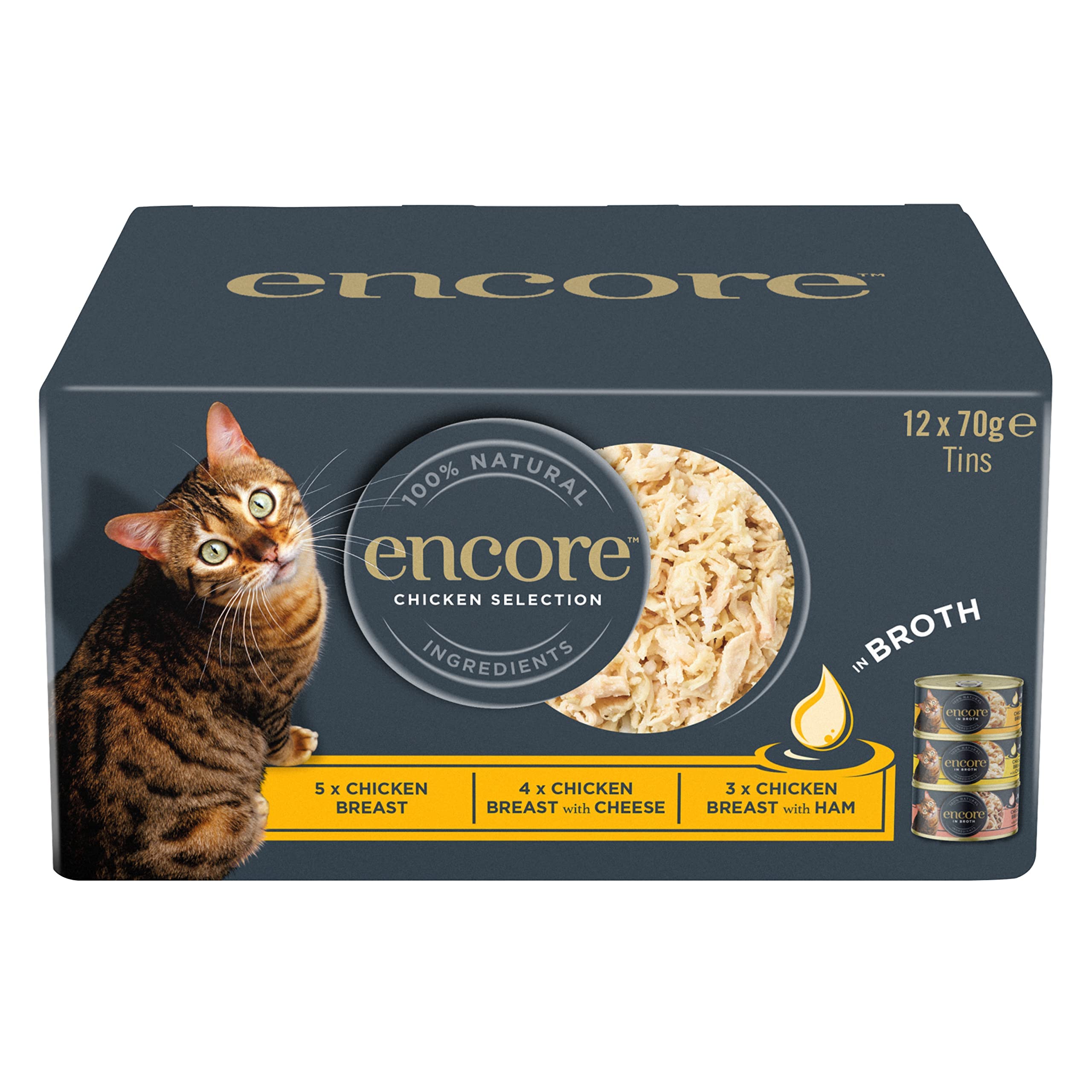 Encore 100% Natural Wet Cat Food, Multipack Chicken Selection in Broth (Pack of 12 x 70g Tins)