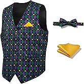 Giftdigger Mardi Gras Vest for Men Mardi Gras Outfit 3PC Mens Vest and Tie Set Waistcoat Vests Tuxedo Vests and Tie