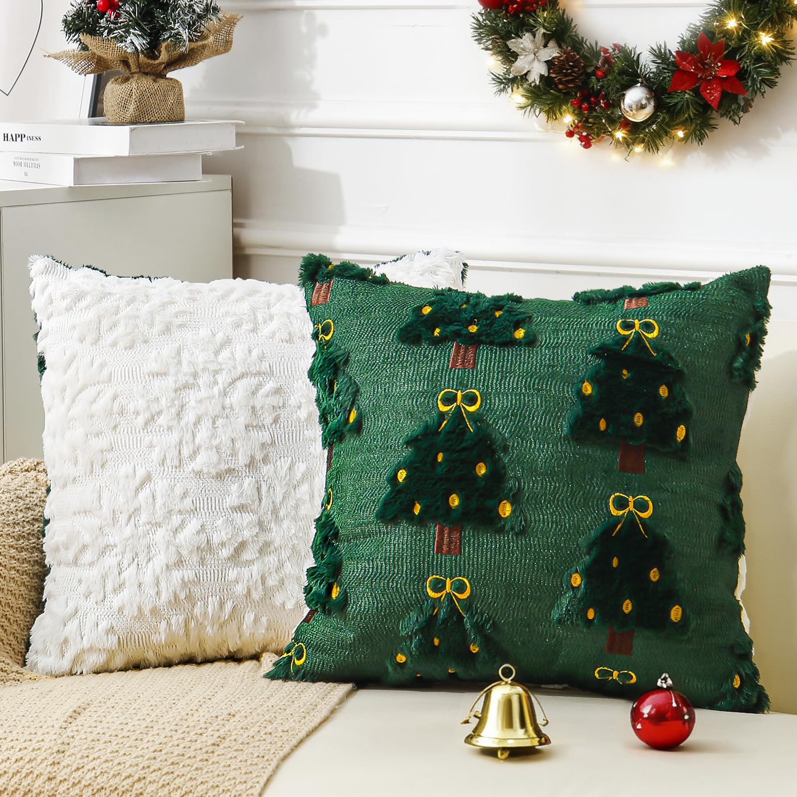 Photo 1 of *****NO COVERS JSUT THE PILLOWS****MBKET 2Pcs Christmas Pillow Covers 20x20Inch, Double-Sided 3D Embroidered, Soft Fluffy Christmas Throw Pillow Cases for Holiday Home Sofa Decorations (GreenTree+Snowflakes)