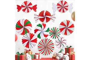 SUNBEAUTY Christmas Hanging Paper Fans Decoration Candy Peppermint Paper Christmas Decoration Candy Party Classroom Decor White and Red Xmas Ceiling Birthday Party Bulletin Board Office Decor