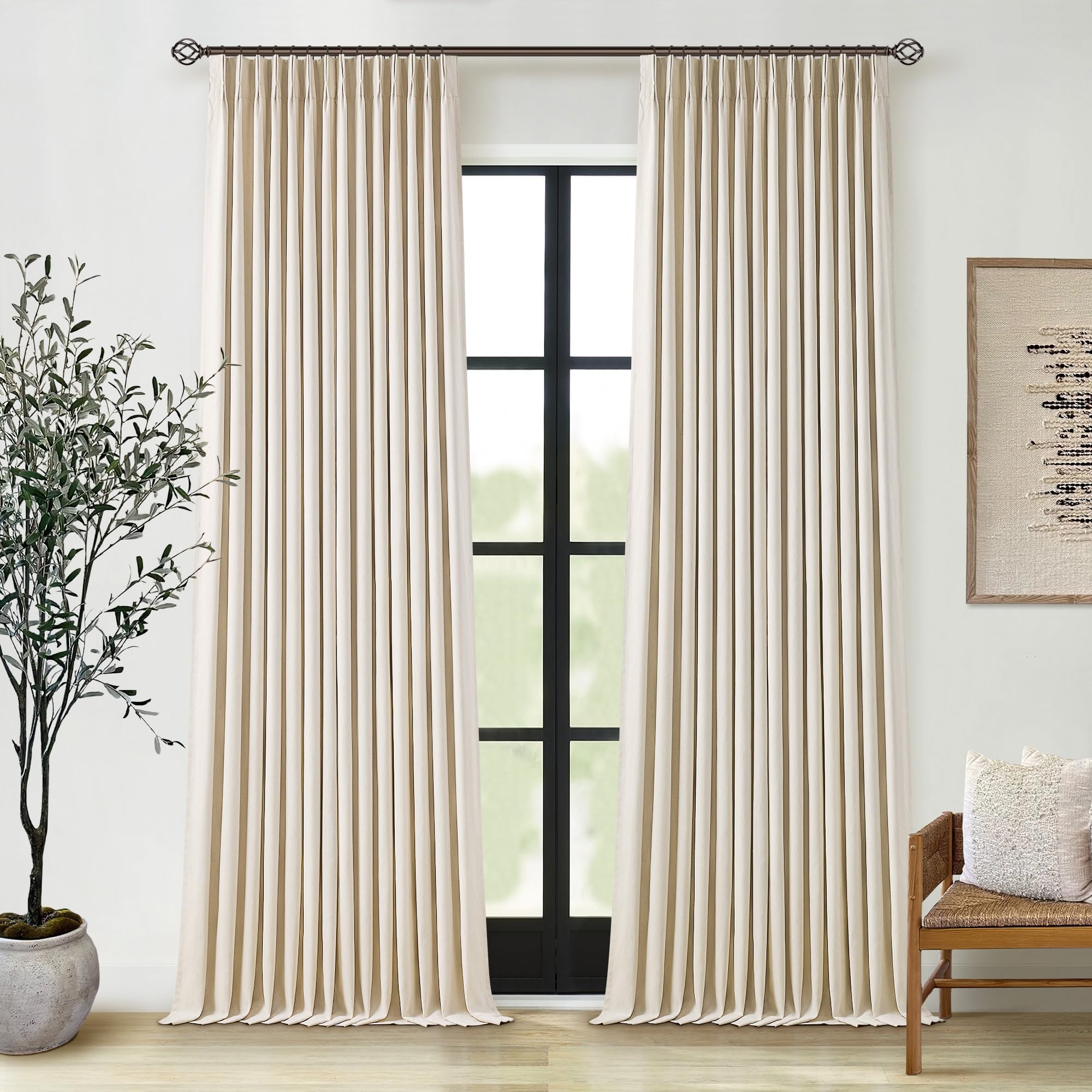 Photo 1 of Pleated Linen Blackout 120 Inch Curtains for Living Room Dining 2 Panels Set Sand Beige Pinch Pleat Back Tab Linen Drapes Farmhouse Thermal Insulated Bedroom Blackout Curtains 120 Inches Long 10 Ft
