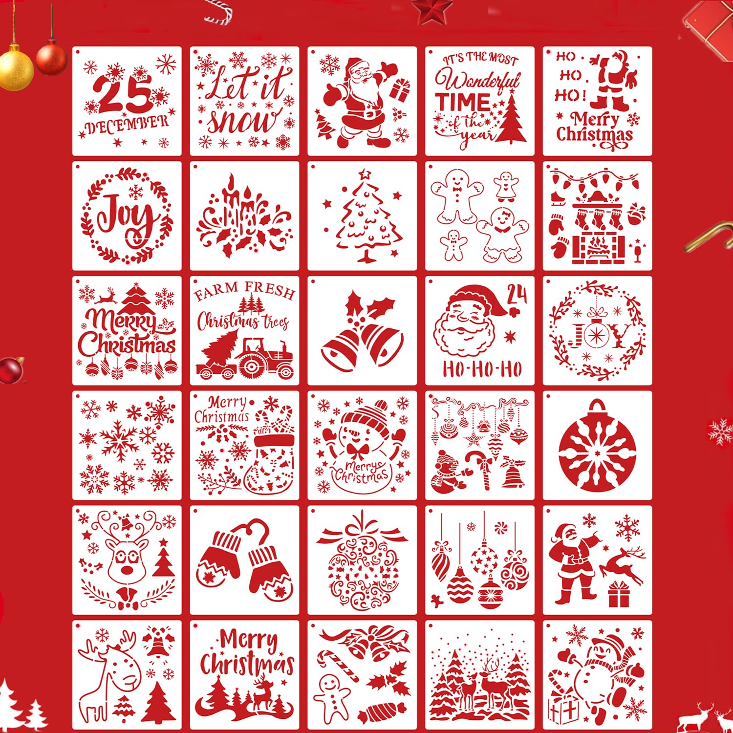 6Inch Large Christmas Stencils,30Pcs Reusable Plastic Christmas Tree Snowman Drawing Art Craft Stencil for Painting on Wood, Wall, Fabric, Rock, Chalkboard,Signs,Door Hanger Wreath,Esay to Clean