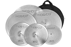 Mosico Low Volume Cymbal Pack 14”Hi-hats 16”Crash 18”Crash 20"ride Plus a FREE 10”Splash Cymbal Mute Cymbal 6 Pieces Silent Drum Practice Cymbal (Silver)