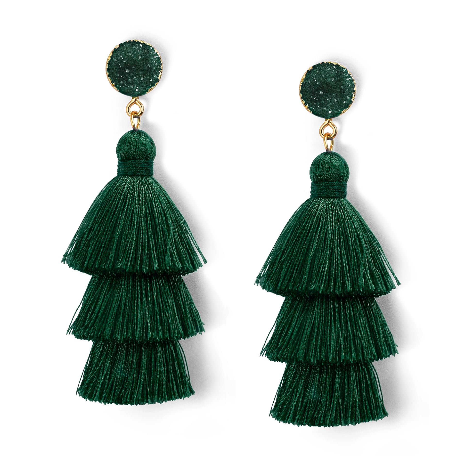 Me&Hz Deep Green Layered Tassel Drop Earrings for