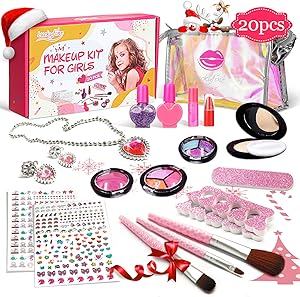 LUCKYFINE 20Pcs Kids Makeup Kit for Girls, Washable Makeup Set Toys, Pretend Princess Makeup Real Cosmetic Beauty Set Toys, Best Gift for Kids Play Pretend Game, Halloween, Christmas & Birthday Party