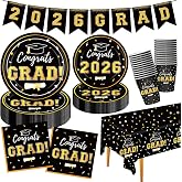 Graduation Decorations 2026 Disposable Black Graduation Tableware Kit for 25 Guests Plates Napkins Cups Tablecloth Hanging Graduation Party Decorations 2026