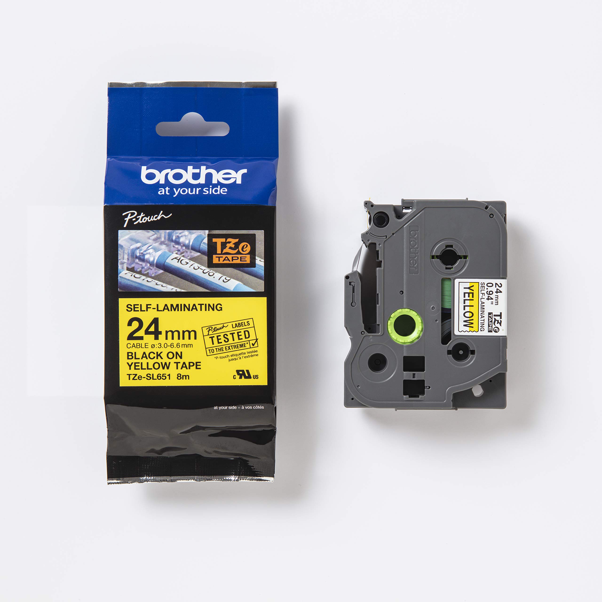 Original Brother TZe-SL651 Self Laminating Tape Black on Yellow - 24mm Wide - 8m Long