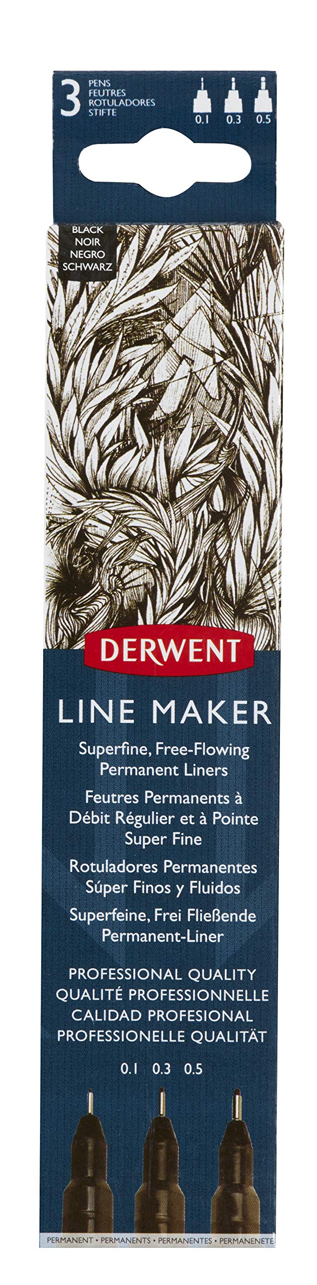 Derwent Black Line Maker Pens, Set of 3, Fine Liners, Mixed Nib Size, Fast-Drying Ink, Ideal for Sketching, Writing, Illustrating and Colouring, Professional Quality, 2305560