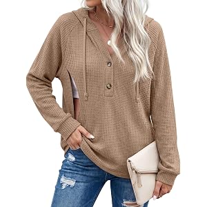 Neer Women's Nursing Hoodie Breastfeeding Top | Long Sleeve, Maternity, Waffle Knit, Breastfeeding, Button, V Neck, Sweatshir