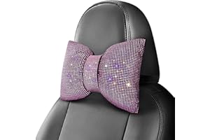 surpassme Rhinestone Car Headrest Neck Pillow for Driving with Bling Bling Crystal Bows Pillow Car Accessories for Women (Pink)