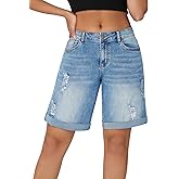 roswear Women’s Wide Leg Bermuda Shorts High Waisted Stretchy Distressed Baggy Denim Jean Shorts