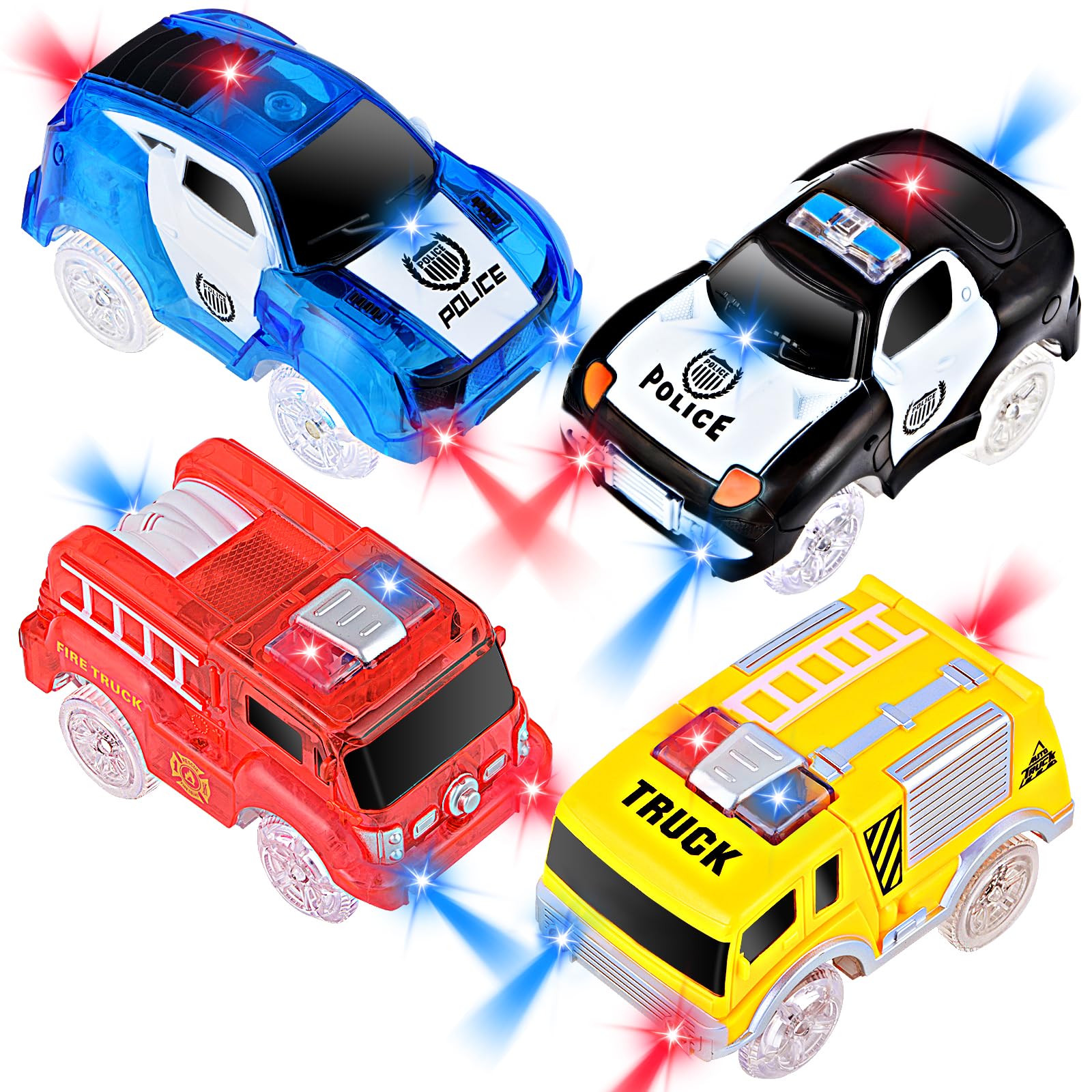 AniSqui Glow Tracks Cars Only, 4 Pack Light-up Race Flexible Cars with 5 LED Lights, Slot Car Track Toy, Best Gift Racetrack for Kids Toddlers