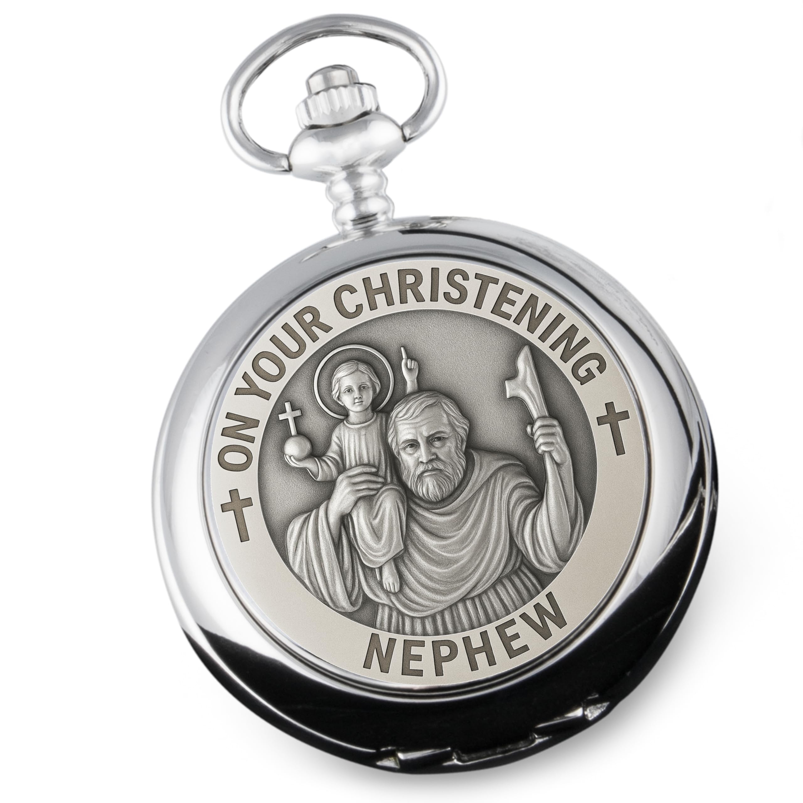 De Walden Nephew Christening St Christopher Pewter Front Pocket Watch Gift Idea