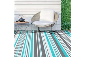 KALAFUN Outdoor Plastic Straw Patio Rug - Camping Waterproof, Durable Outdoor Area Rug for Patios Decor, RVs, Porch, Balcony, Deck, Camper - Blue and Grey, 5x8 ft