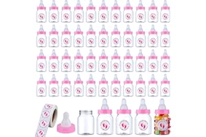 PINKXHY 62 Pcs 3.5 Inch Baby Mini Milk Bottle Baby Shower Favor with 500 Adhesive Thank You for Showering Stickers, Small Plastic Candy Bottle DIY Gift for Boy Girl Newborn Baptism Party Decor (Pink)