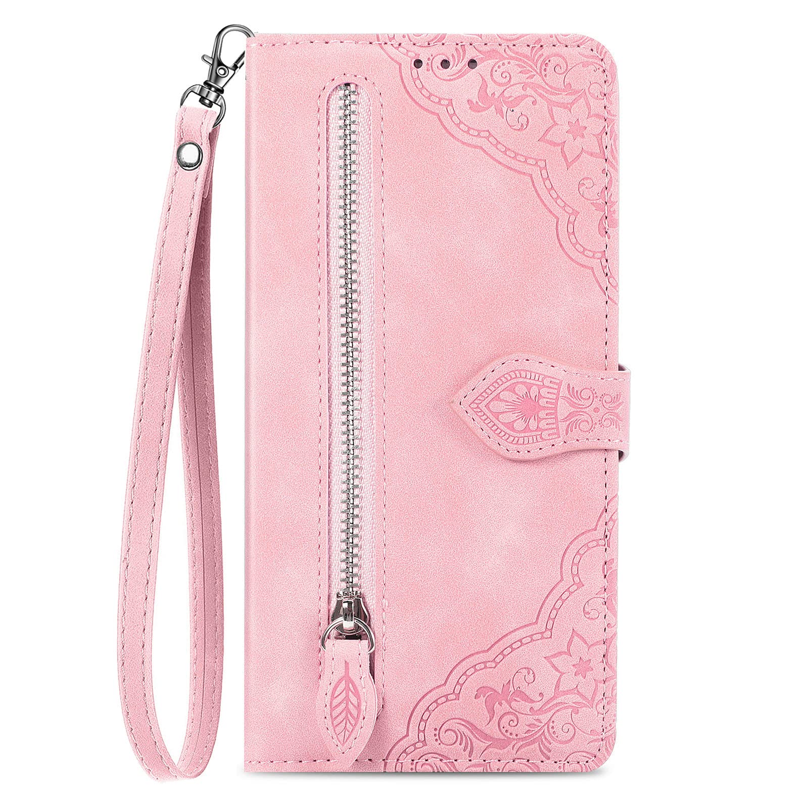 NEXCURIO Zip Wallet Case Compatible with Apple iPhone 13 Pro Phone Case Wallet with Credit Card Holder Strap Stand Women Leather Flip Case Floral Folding Cover Shockproof - Pink