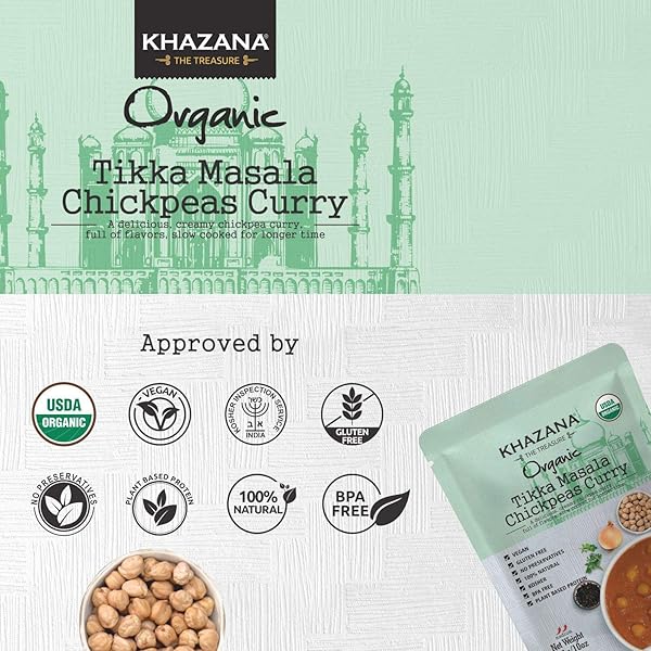 KHAZANA ORGANIC READY TO EAT MEALS – TIKKA MASALA CHICKPEAS CURRY (PACK OF 1, 10OZ POUCHES) – NON-GMO, VEGAN, GLUTEN FREE & KOSHER – AUTHENTIC INDIAN CUISINE IN 90 SECONDS!
