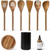 Lanzo Design Kitchen Utensil Set, 8 pcs Wooden Cooking Utensils Spatula Set with Ceramic Holder (Black Holder)