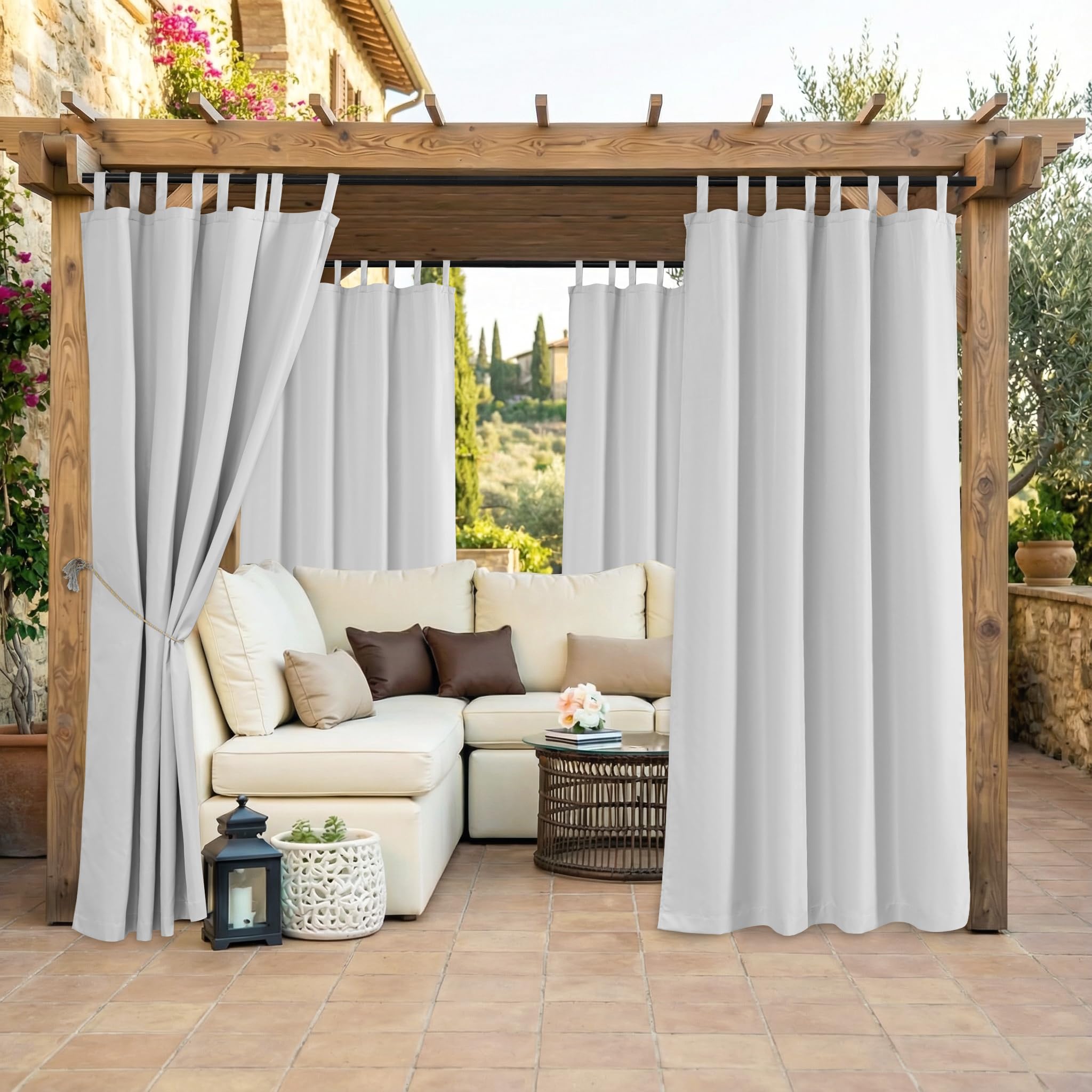 Outdoor Curtain Waterproof Detachable Top 52"x96"(132x245cm) White Grey 1 Panel -With Tieback - Windproof UV Protection for Pergoda Gazebo Pergola - Really for outdoor use instead of shower curtain