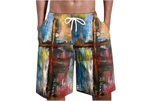 BADHUB Men's Casual Beach Shorts 2024 Cross Print Summer Hawaiian Elastic Waist Shorts with Drawstring