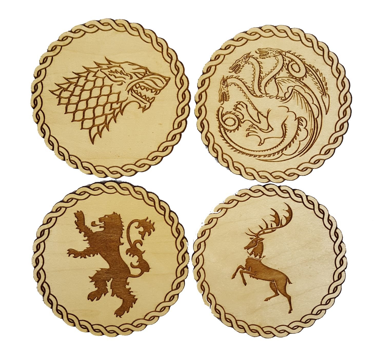 Derwent Laser Crafts Game of Thrones Inspired Wooden Coasters - Set of 4 Main House Sigils - Choice of Wood Type (Maple)
