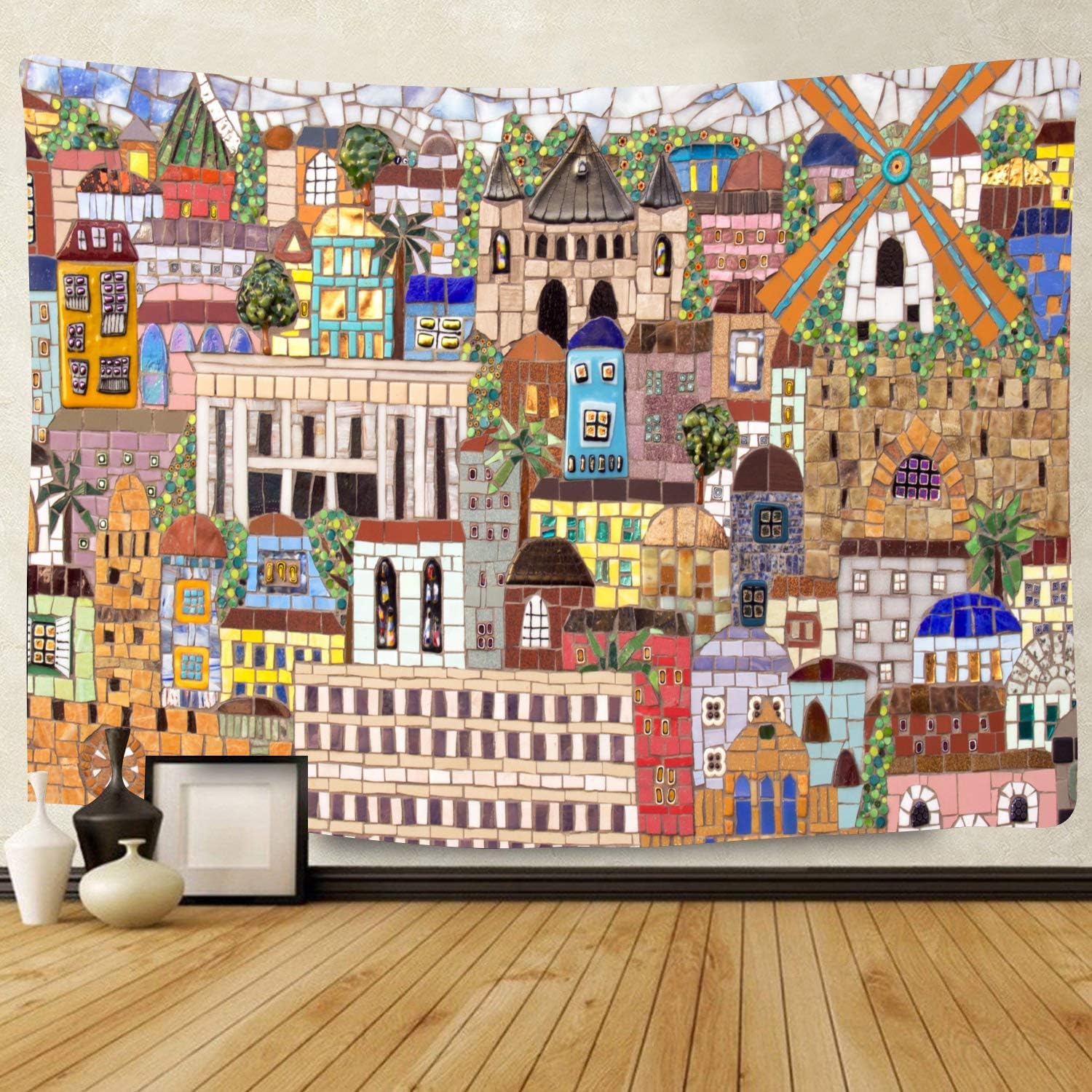 Tapestries - F-FUN SOUL Jerusalem City Tapestry, Large 80x60inchs Soft Flannel, Ceramic Tile Mosic Pattern for Home Decor Wall Hanging Tapestries DSFS673
