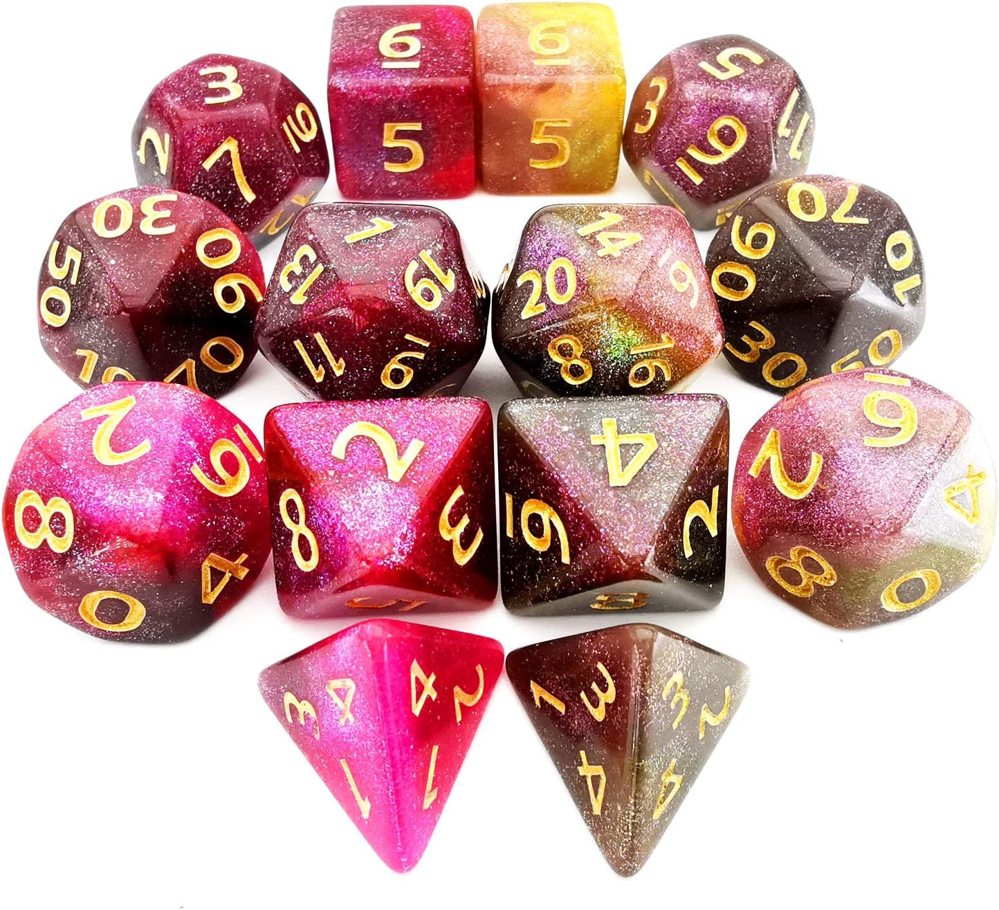 HAOMEJA Glitter Colorful Dice D&D 2 Sets 14pcs Polyhedral Dice for Dungeons and Dragons DND 7 Solid Dice D&D Pathfinder Roll Playing Games Dice (Purple red Brown Yellow)
