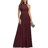 Ever-Pretty Women's Glitter Halter Sleeveless Formal Dresses Evening Gowns Pleated A-line Wedding Guest Dress 41961