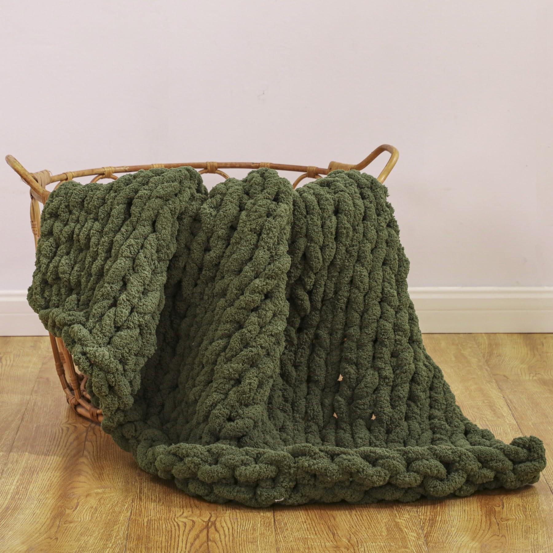 Photo 1 of WESHIONGOO Chunky Knit Blanket Throw 40"×40" Knitted Throw Blankets for Couch Bed Fluffy Soft Blanket with Jumbo Chenille Yarn Thick 100% Handmade (Olive Green)