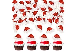 Ercadio 40 Pcs Edible Red Christmas Hat Cupcake Toppers Santa Claus Hat Cupcake Drink Topper Picks for Eve Xmas Holiday Christmas New Year Holiday Party Cake Decorations Supplies