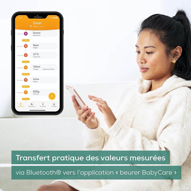 BY 90 Pèse-bébé connecté avec ruban mesureur intégré, application gratuite (iOS + Android), capacité de charge de 20 kg et fonction de maintien pour bébés gigoteurs
