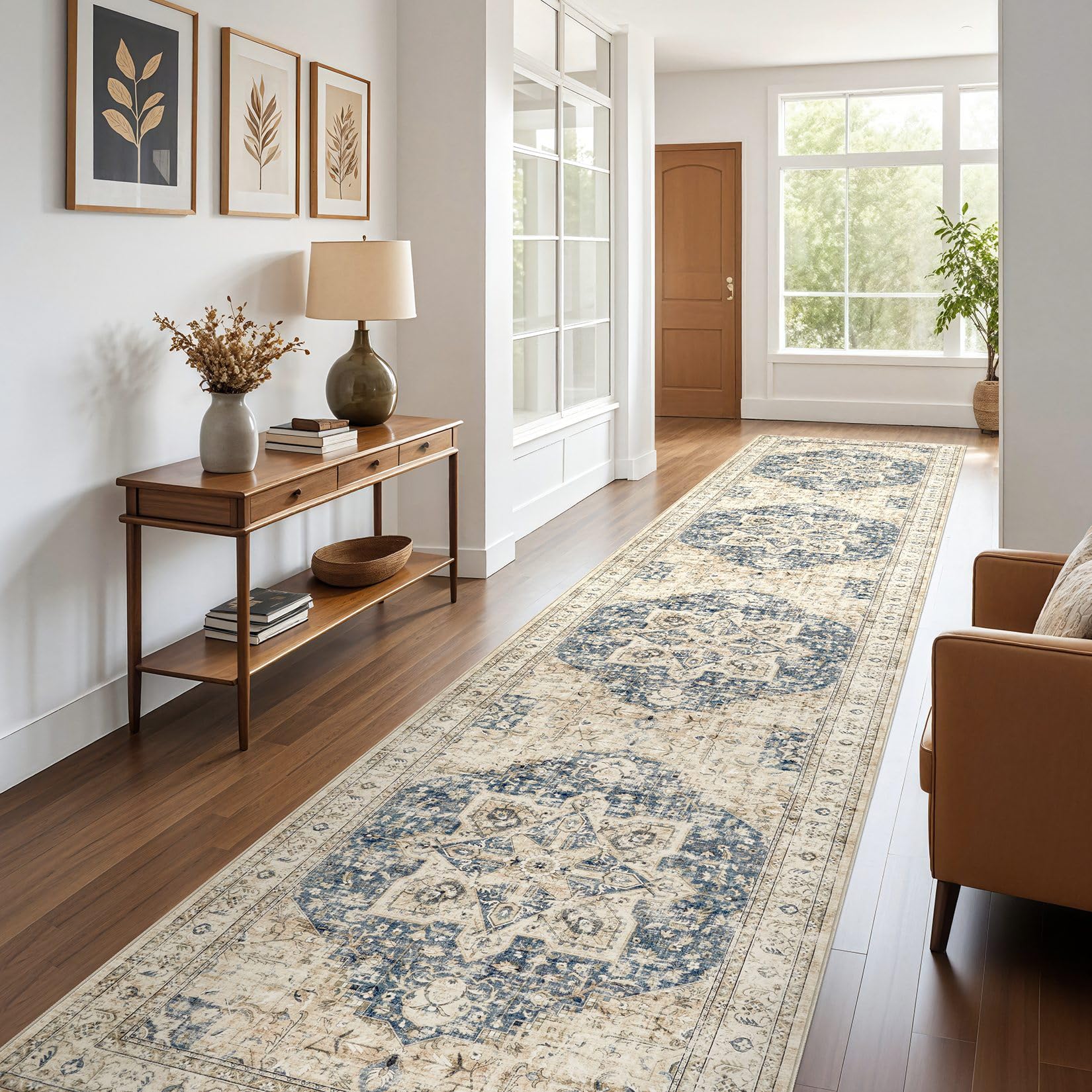 Photo 1 of Tortania Area Rug 3x18 Runner Rugs - Washable Vintage Oriental Farmhouse Thin Indoor Carpet for Living Room Bedroom Hallway Entryway Kitchen Under Dining Table Home Office - Cream/Blue