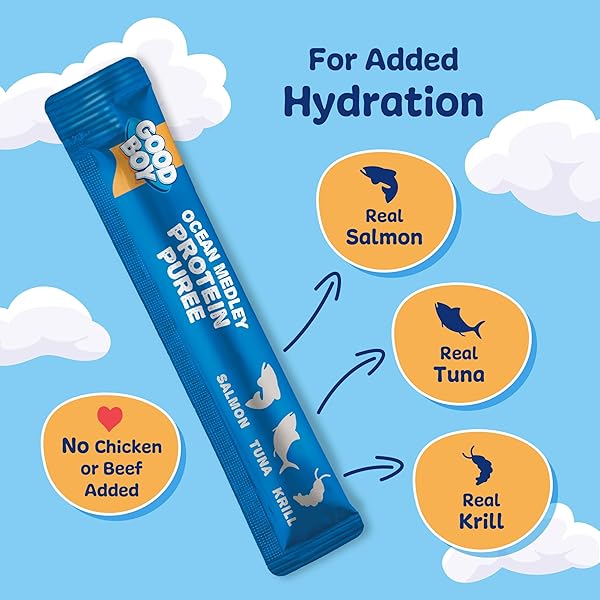 GOOD BOY OCEAN MEDLEY PROTEIN PUREES DOG FOOD MIXERS FOR ALL ADULT DOGS, 10 COUNT, EASY SINGLE-SERVE TRIPLE FLAVOR TOPPER TREATS WITH SALMON, TUNA AND KRILL