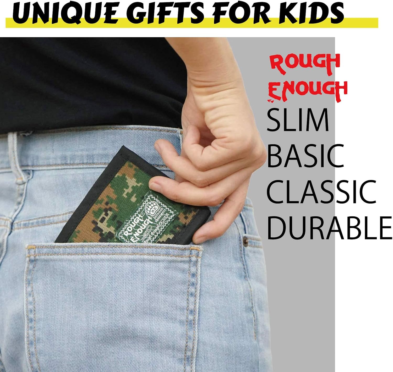 Rough Enough Camo Slim Minimalist Kids Wallet for Boys Mens Front Pocket Keychain Wallet Coin Purse Credit Card Holder with Zipper Pocket Insert Key Tag Ring in Military Army Design Unique Gifts - Image 3