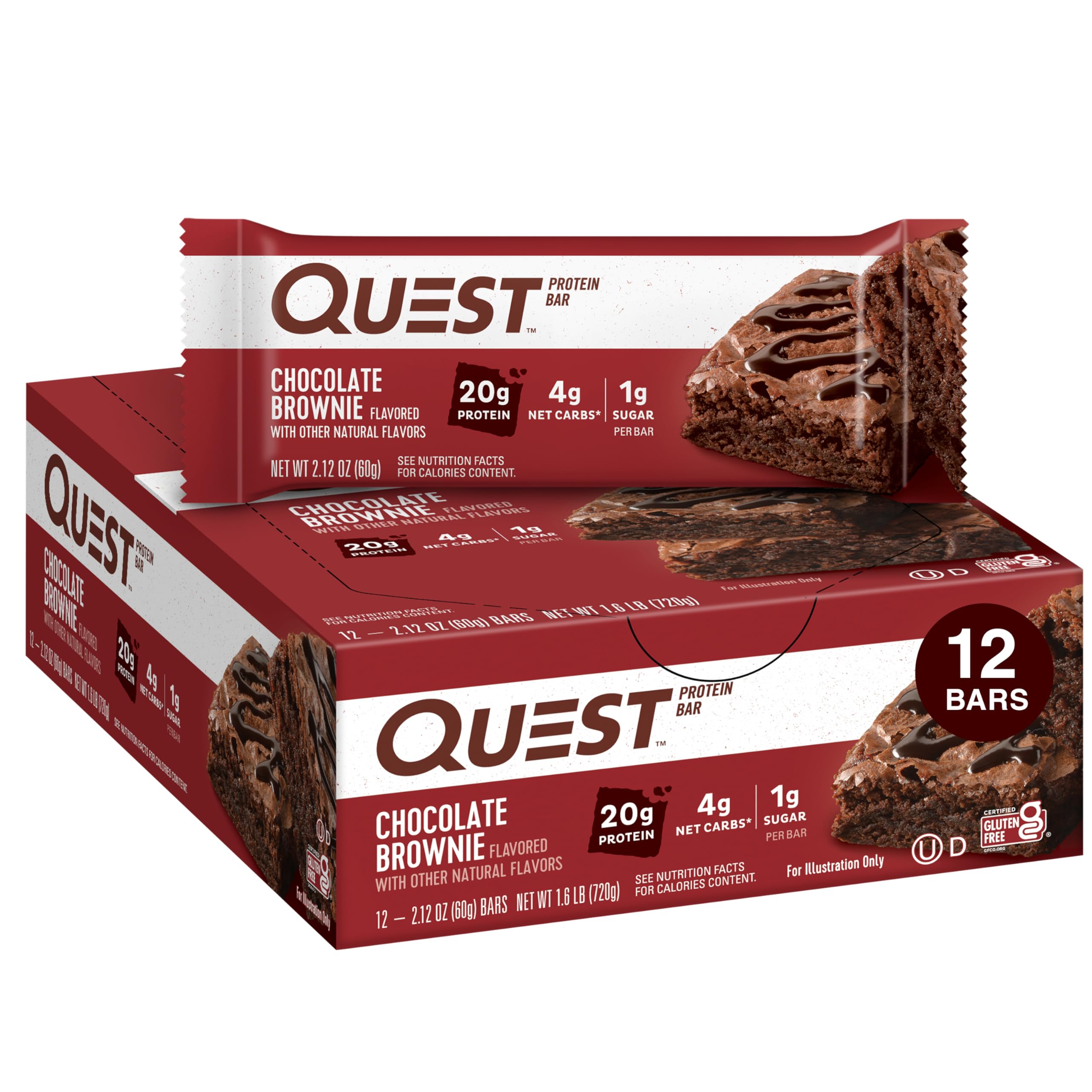 Photo 1 of *****BB 03 /13/2026*****Quest Nutrition Chocolate Brownie Protein Bar, 20g Protein, 1g Sugar, 4g Net Carb, Gluten Free, Gluten Free, 12 Count