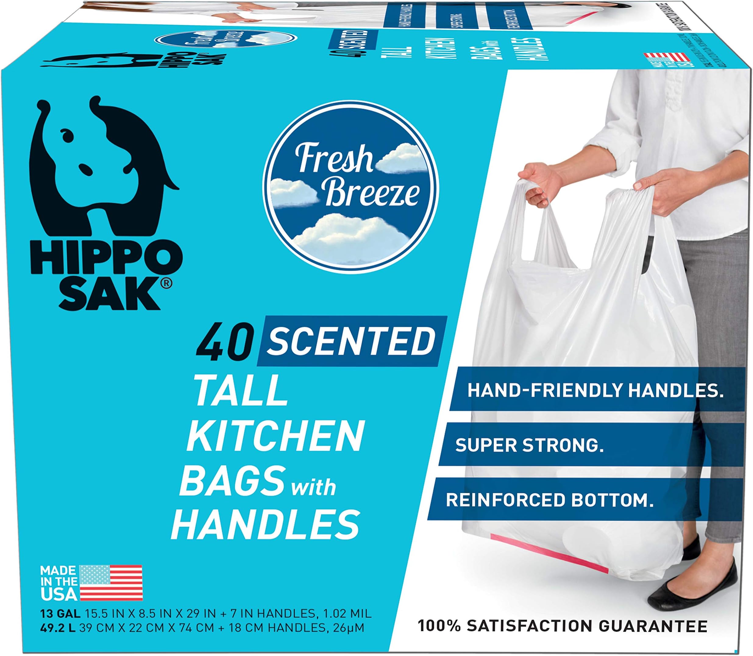 Hippo Sak Scented Handle Trash Bag, 13 gallon Tall Kitchen, Fresh Breeze Scent … (40 Count)