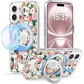 FEWGEY for iPhone 16 Case with MagSafe Stand Ring for Women, Cute Spring Floral Design with 360° Kickstand Holder Magnetic Shock Proof Heavy-Duty Protection Pink Flower