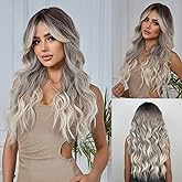 Tumhorn Women Long Ombre Grey Wavy Wigs with Black Root 26 Inch Charming Wigs Natural Looking Synthetic Heat Resistant Fiber Wig for Daily Party Use